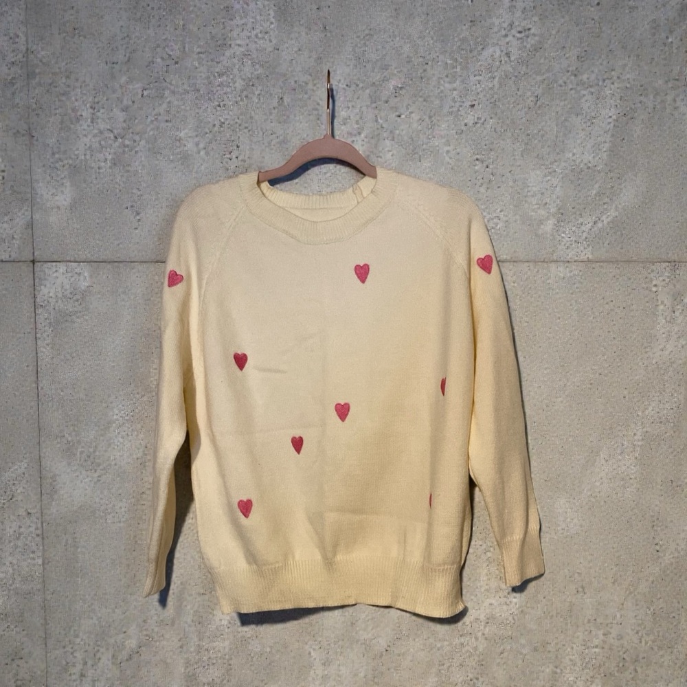 Chicwish Cream Sweater with Pink Heart Details